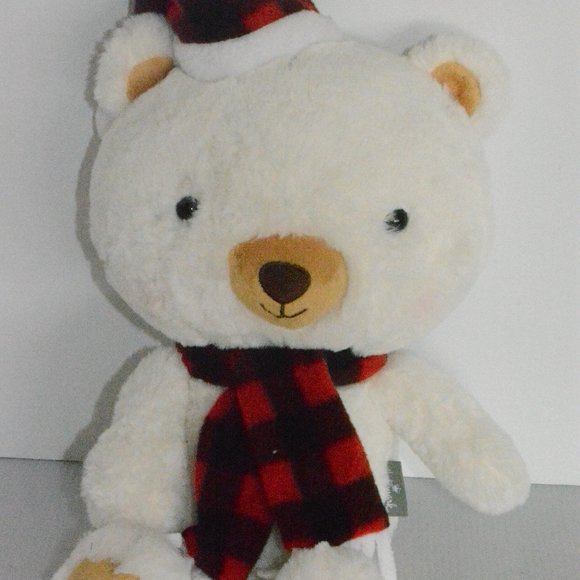Hallmark Aspen Polar Teddy Bear Plush Stuffed Animal White Buffalo Plaid Scarf - Picture 1 of 8